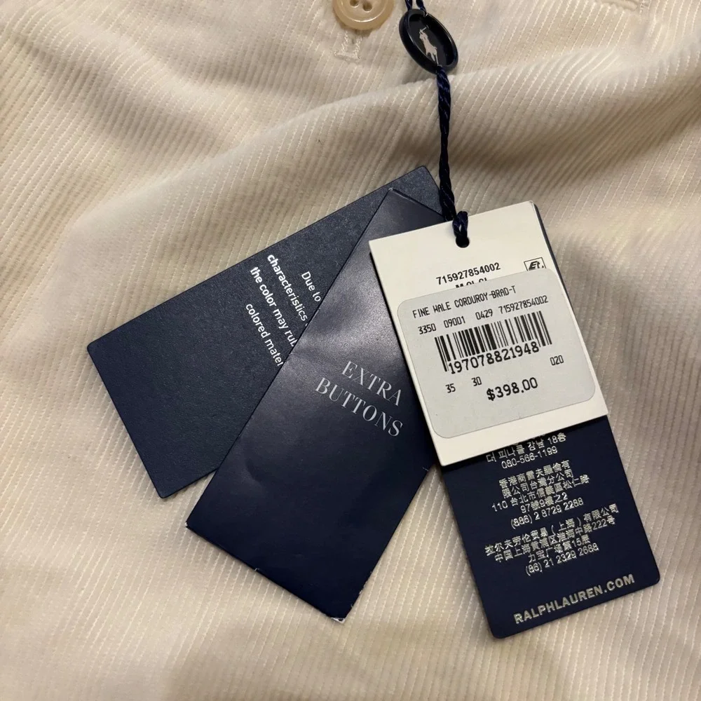 Polo Ralph Lauren Mens Cream Corduroy Pleated Pants 35x30 Straight Leg Portugal
